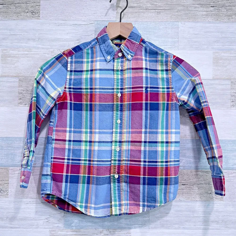 Ralph Lauren Long Sleeve Oxford Shirt Blue Red Plaid Button Up Cotton Boys 6
